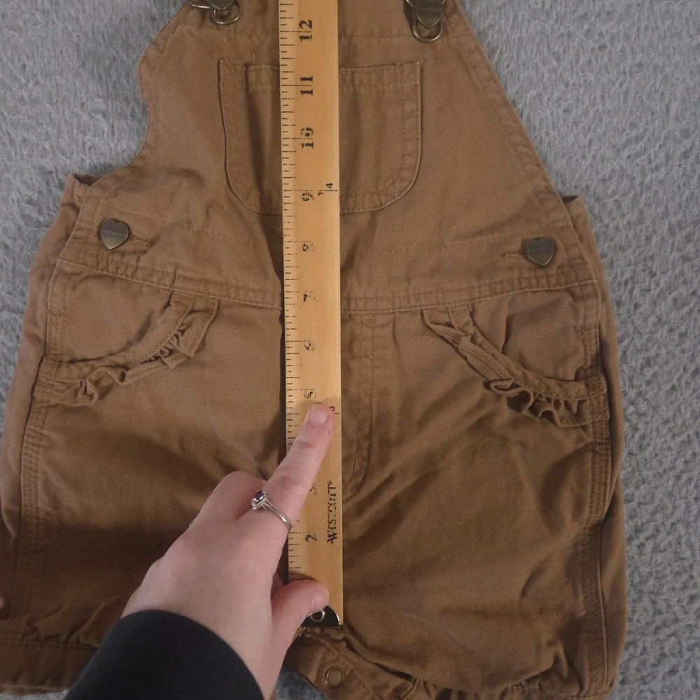 Carhartt Overalls Girls 18M Brown Canvas Bib Shortall Ruffle Trim Heart Buttons